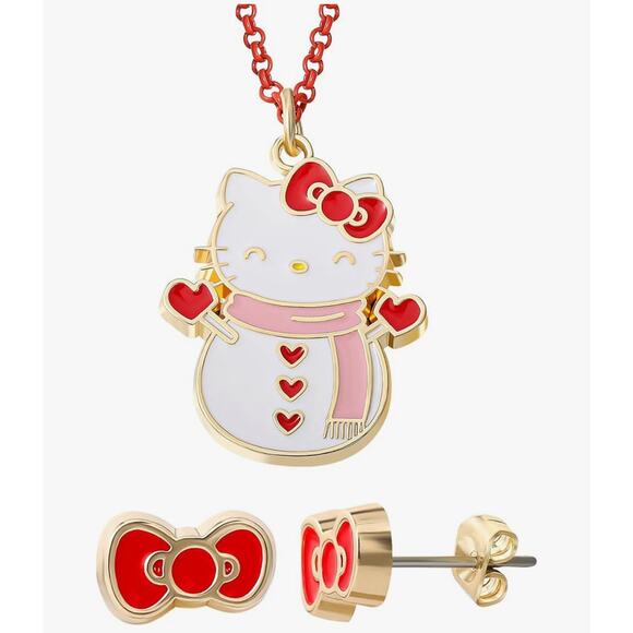 Hello Kitty Necklace and Earrings Set – Jewelry Collection in Snowman Red/Gold - Picture 2 of 5